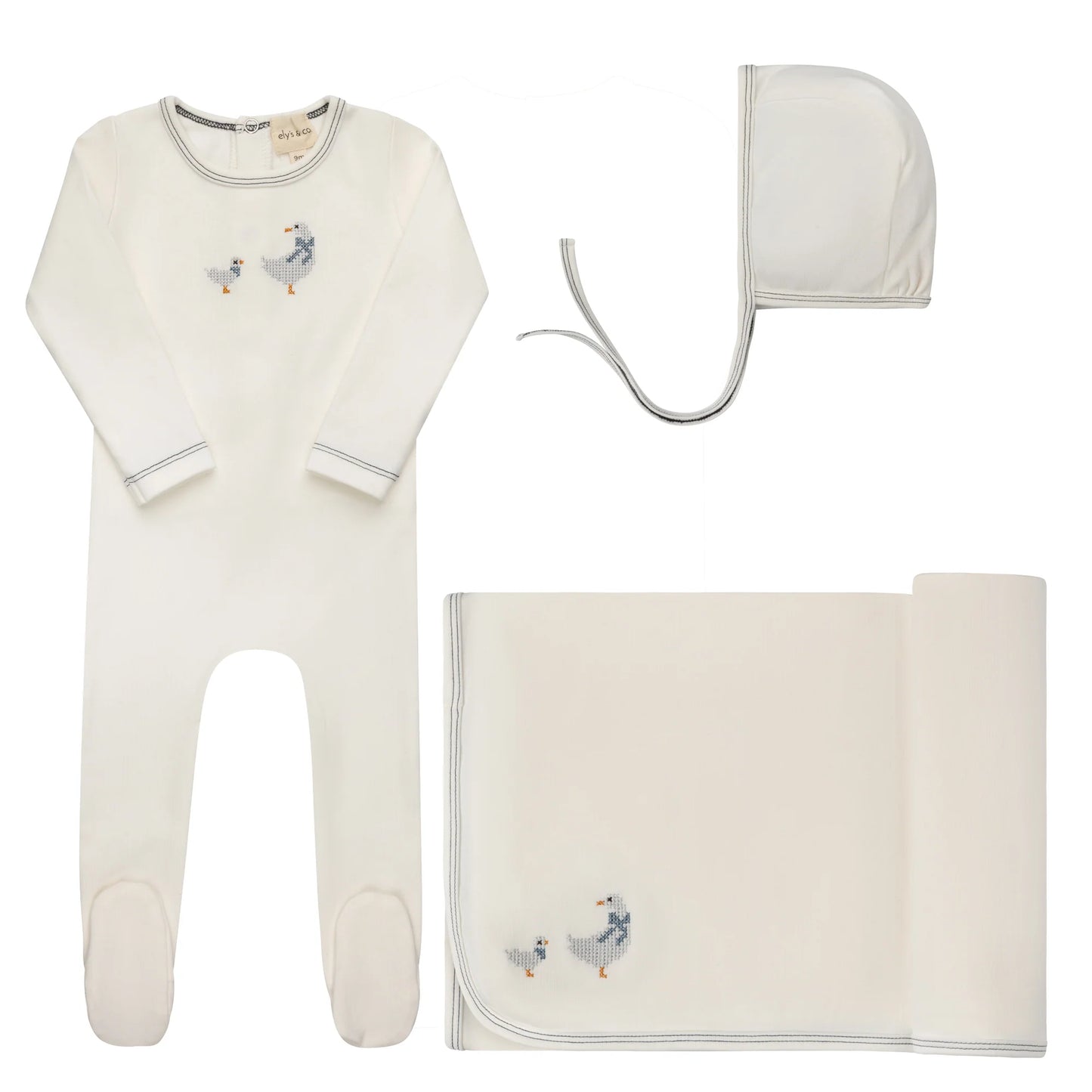 Ely's and Co Cross Stitch Duckling Collection Layette Set- Ivory Blue