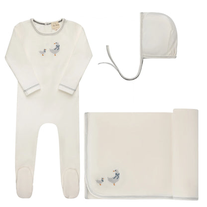 Ely's and Co Cross Stitch Duckling Collection Layette Set- Ivory Blue