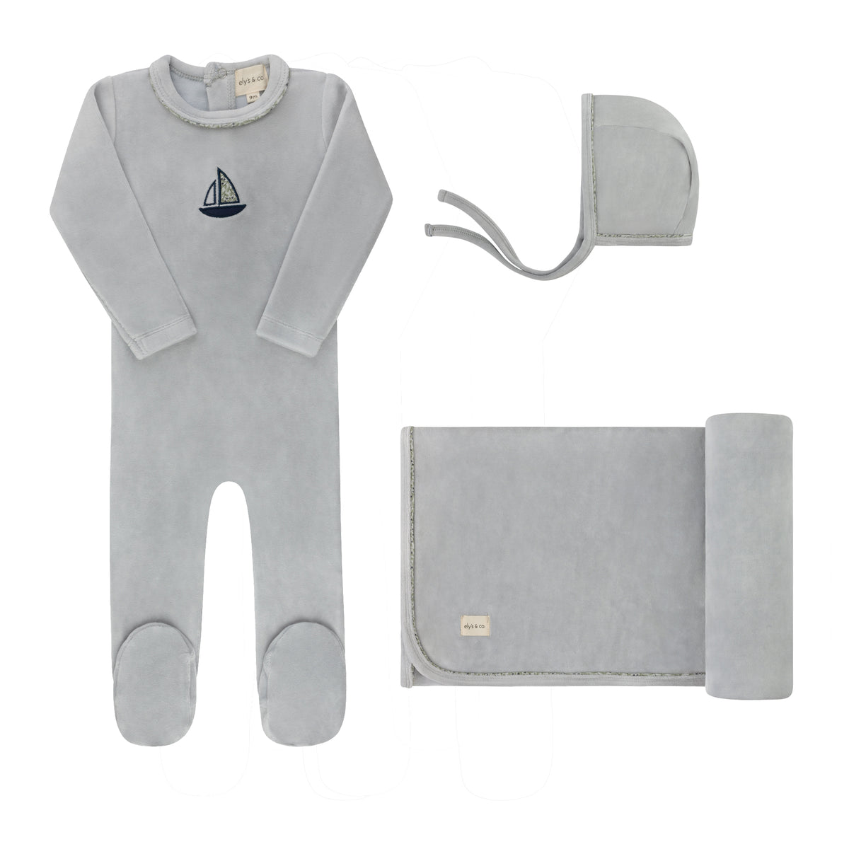 Ely's and Co Embroidered Liberty / Berry Layette Set-Blue