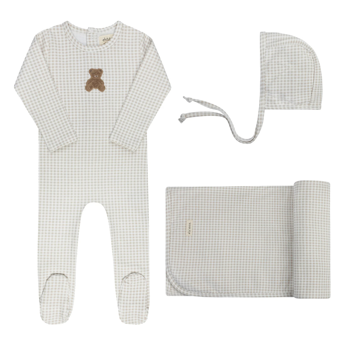 Ely's and Co Gingham Teddy Layette Set- Tan