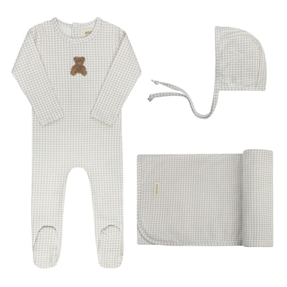 Ely's and Co Gingham Teddy Layette Set- Tan