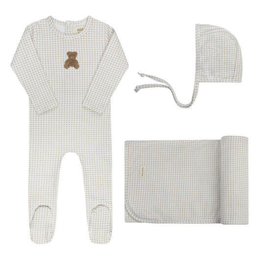 Ely's and Co Gingham Teddy Layette Set- Tan
