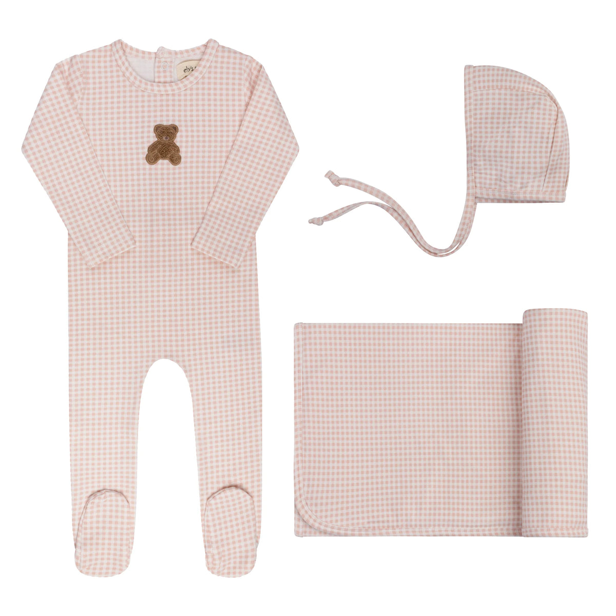 Ely's and Co Gingham Teddy Layette Set- Pink