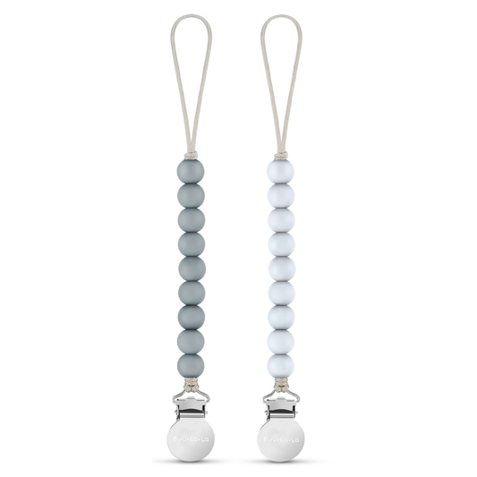Bleu La La - Lulababe Pacifier Clip: Ash Blue + Sky Blue