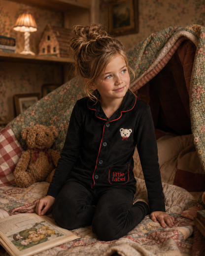 Little Label Velour Teddy Grandpa Pajama with Black/ Red Piping