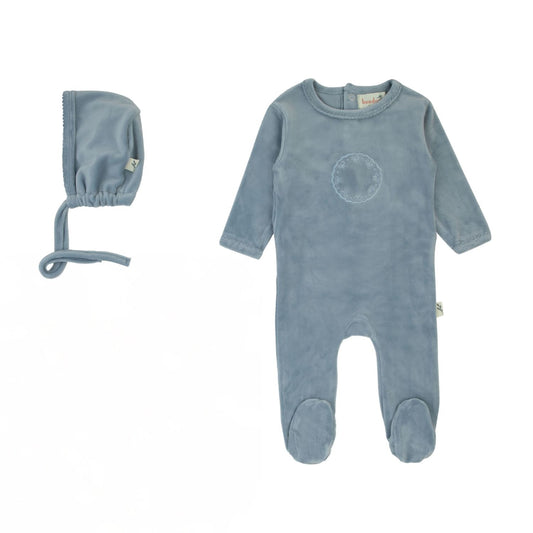 Bondoux Bow Velour Footie + Hat- Blue