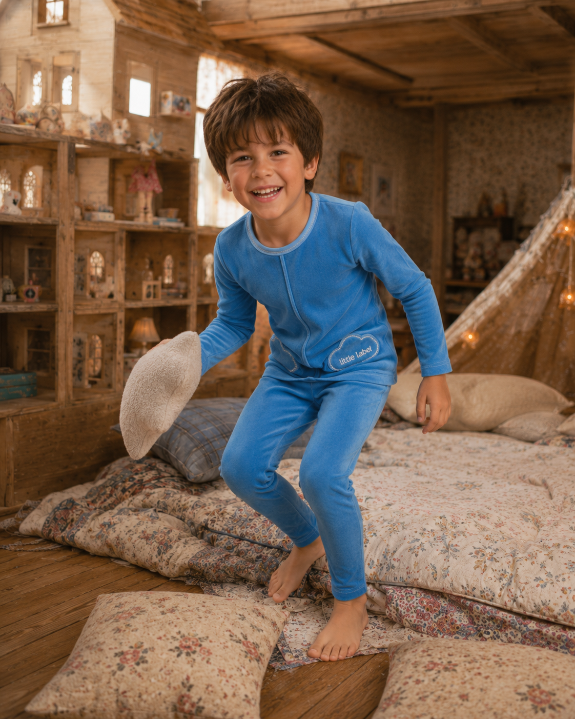 Little Label Blue Velour Cloud Pocket  Pajama