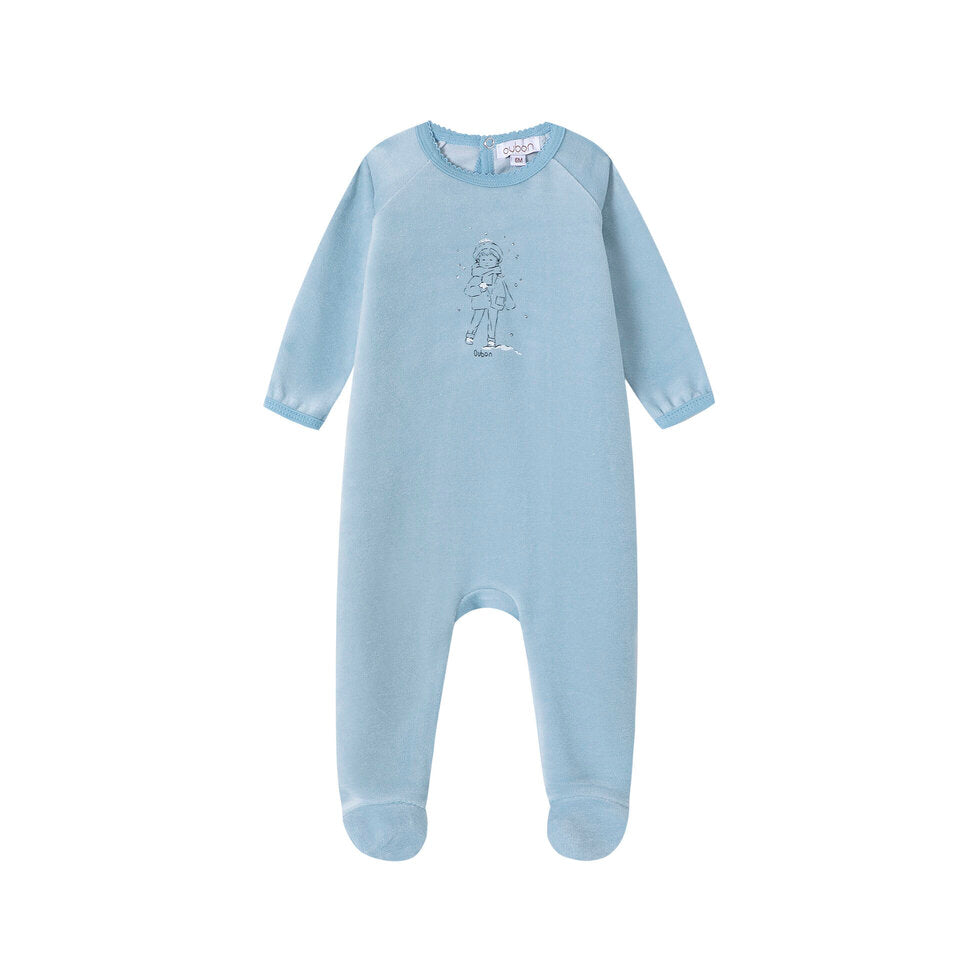 Oubon  Boy In Snow Print Velour Footie - Blue