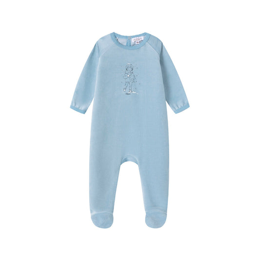 Oubon  Boy In Snow Print Velour Footie - Blue