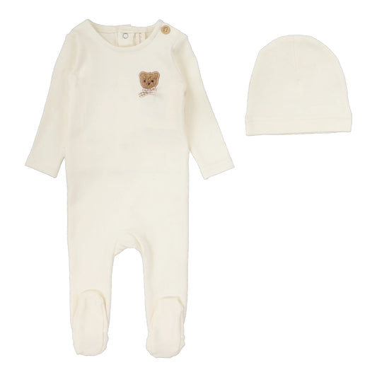 Lilette Bear Applique Footie+ Hat- Cream