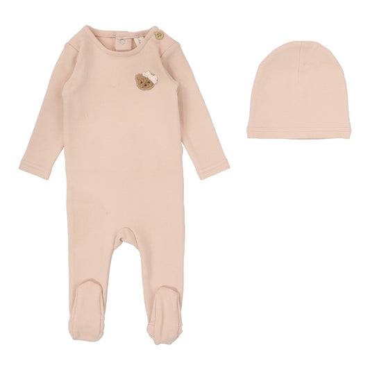 Lilette Bear Applique Footie+ Hat- Dusty Pink