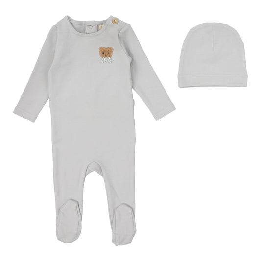 Lilette Bear Applique Footie+ Hat- Pale Blue