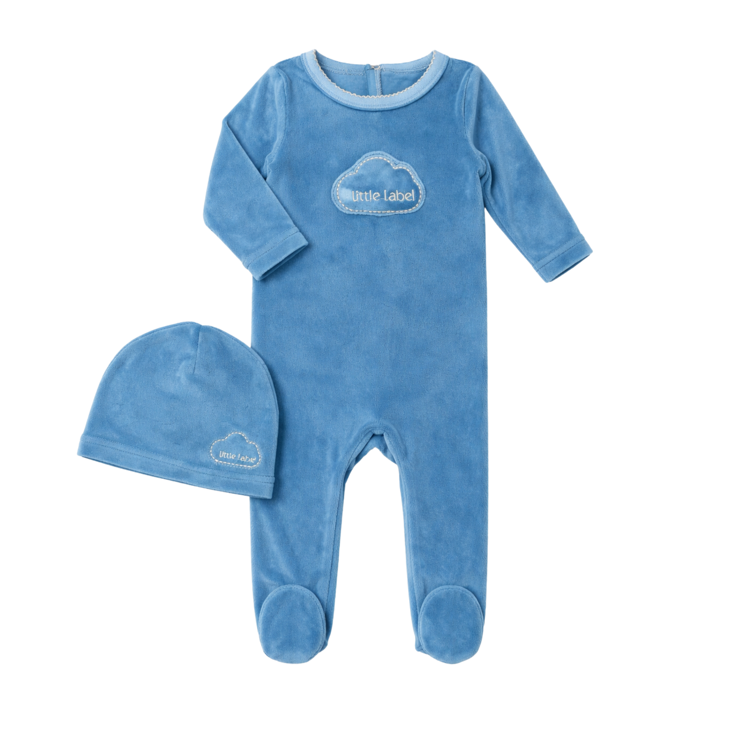 Little Label Blue Velour Cloud Footie Set