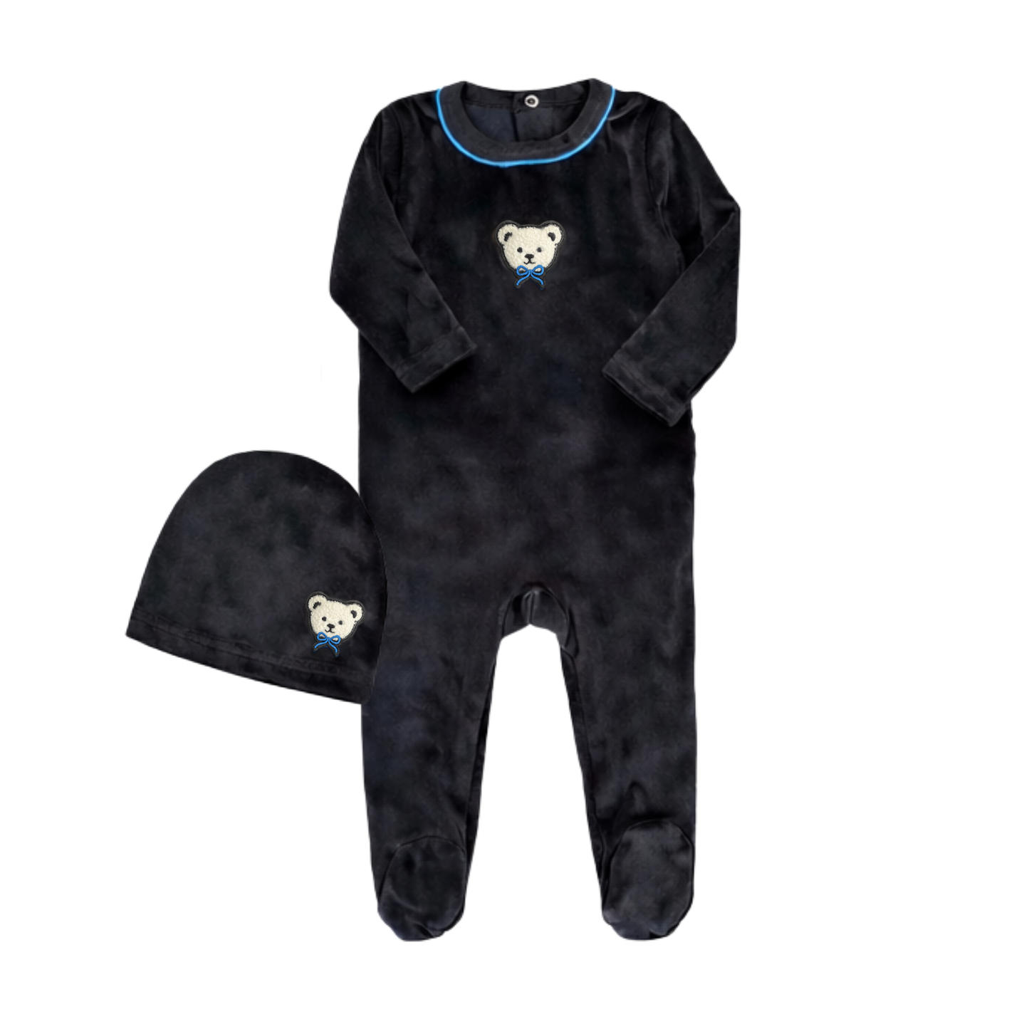 Little Label Velour Teddy Footie Set with Black/ Blue Piping