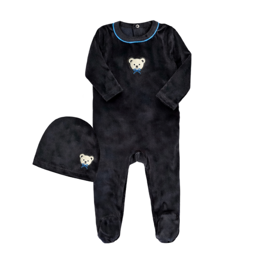 Little Label Velour Teddy Footie Set with Black/ Blue Piping