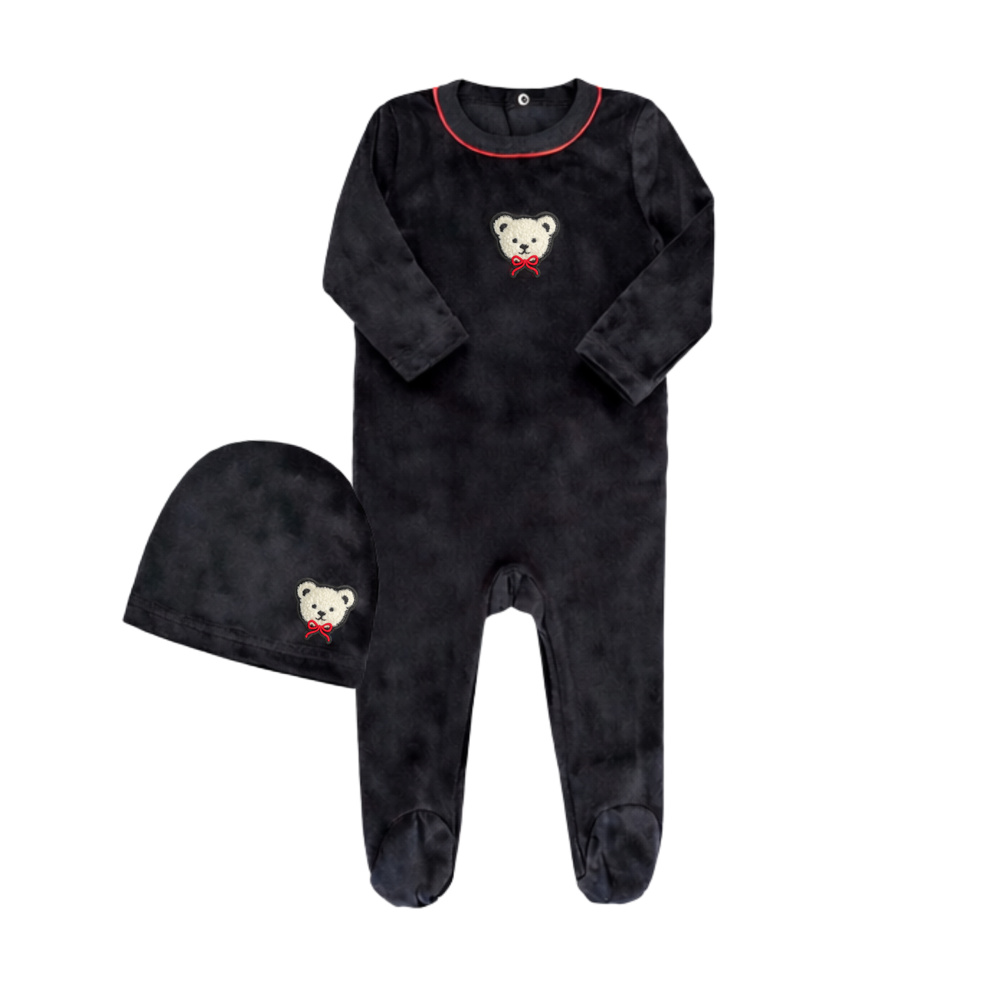 Little Label Velour Teddy Footie Set with Black/ Red Piping