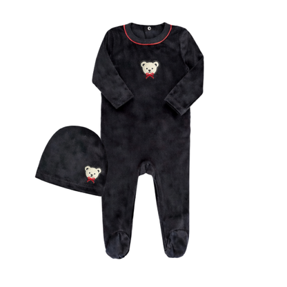 Little Label Velour Teddy Footie Set with Black/ Red Piping