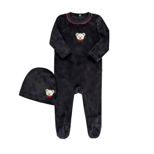 Little Label Velour Teddy Footie Set with Black/ Red Piping