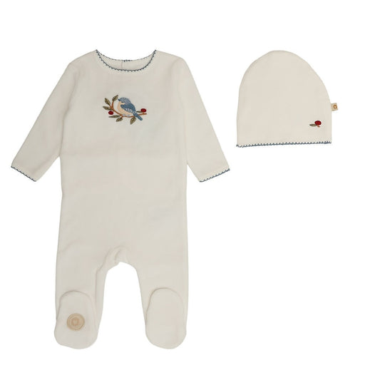 Mon Tresor Bird & Branch Footie Set- Ivory/Blue