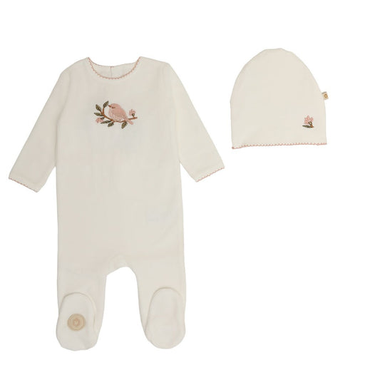 Mon Tresor Bird & Branch Footie Set- Ivory/Pink