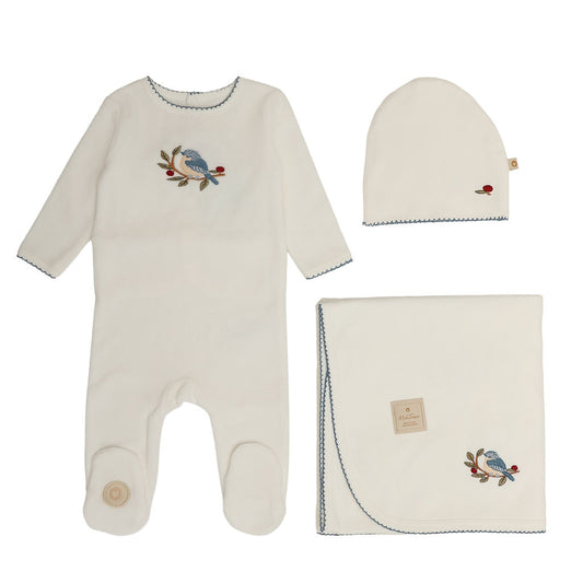 Mon Tresor Bird & Branch Layette Set- Ivory/Blue