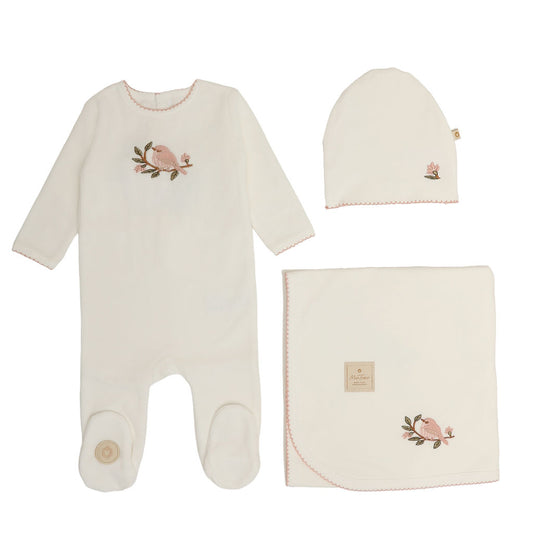 Mon Tresor Bird & Branch Layette Set- Ivory/Pink