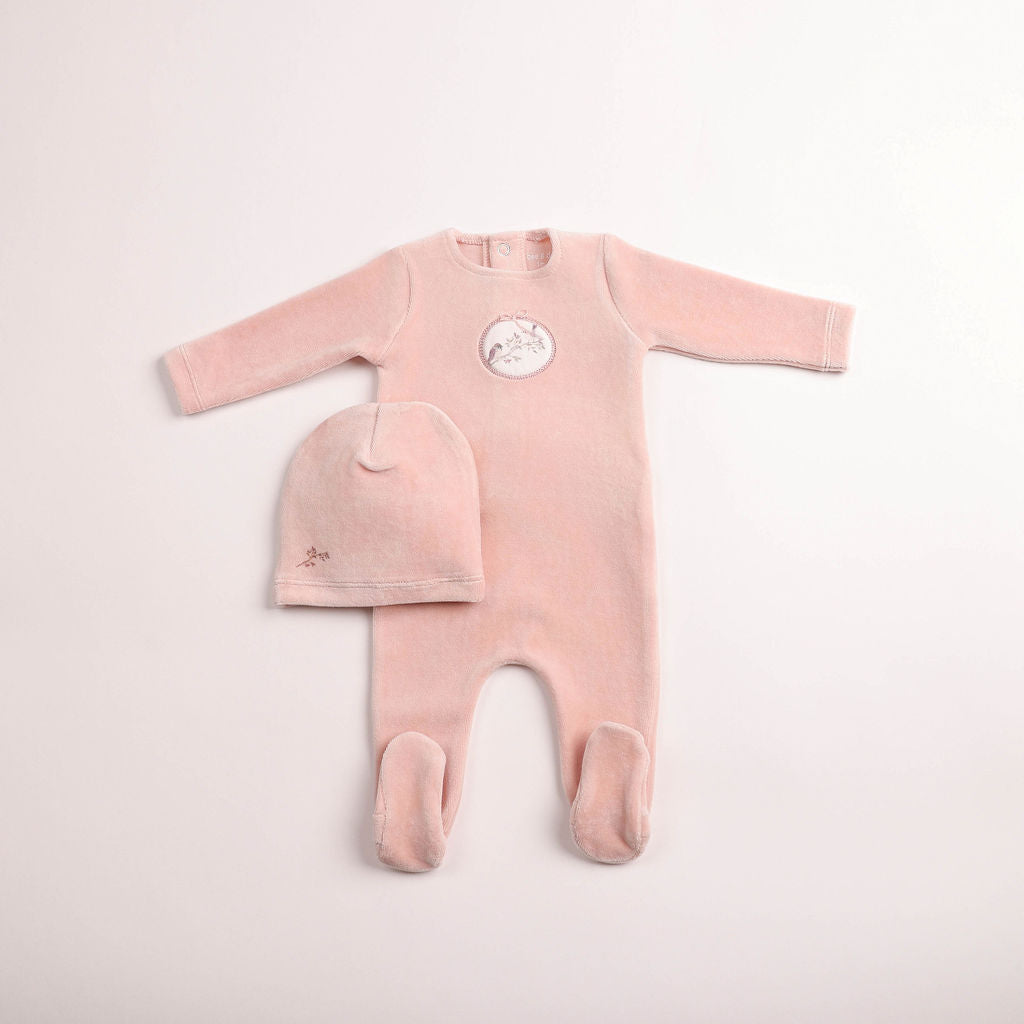Bee & Dee Birdie Branch Velour Footie Set- Dusty Pink