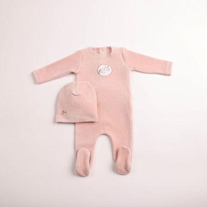 Bee & Dee Birdie Branch Velour Footie Set- Dusty Pink