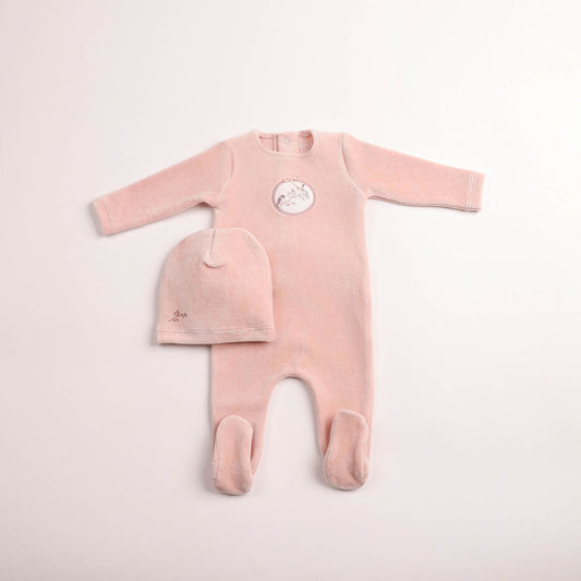 Bee & Dee Birdie Branch Velour Footie Set- Dusty Pink