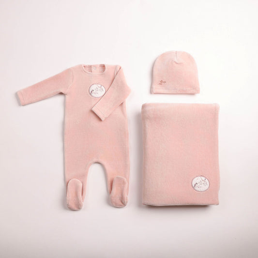 Bee & Dee Birdie Branch Velour Layette Set- Dusty Pink