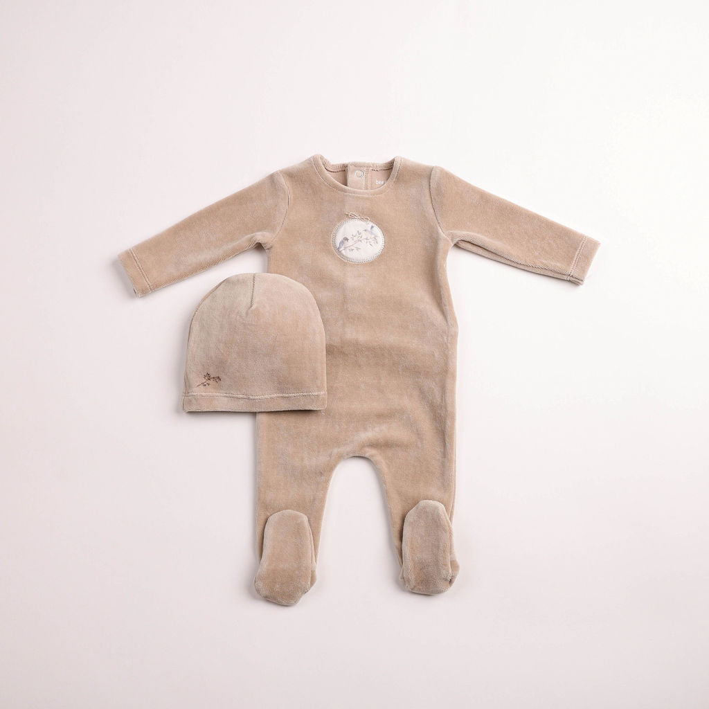 Bee & Dee Birdie Branch Velour Footie Set- Oat