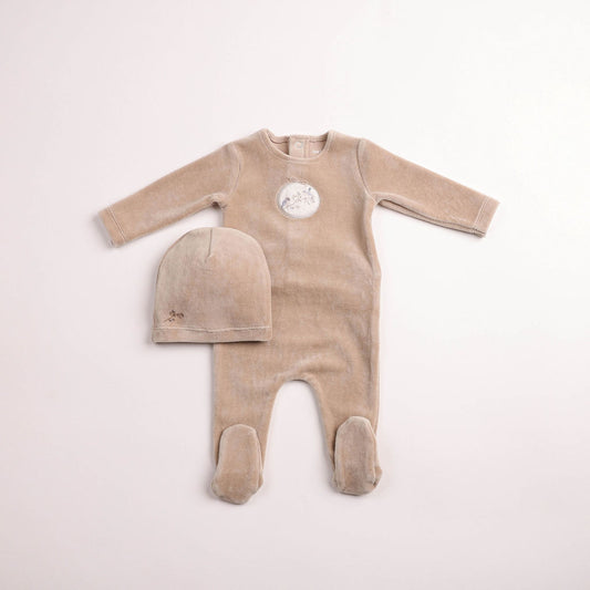 Bee & Dee Birdie Branch Velour Footie Set- Oat