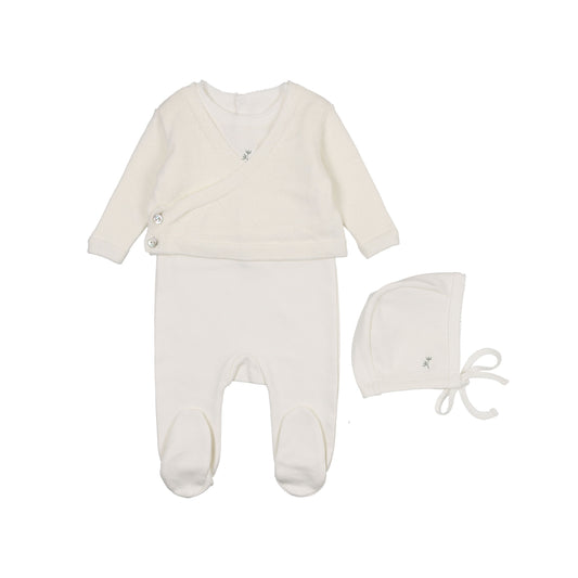 Mon Tresor Blooming Cardigan Boys Footie & Hat Set - Ivory/Green
