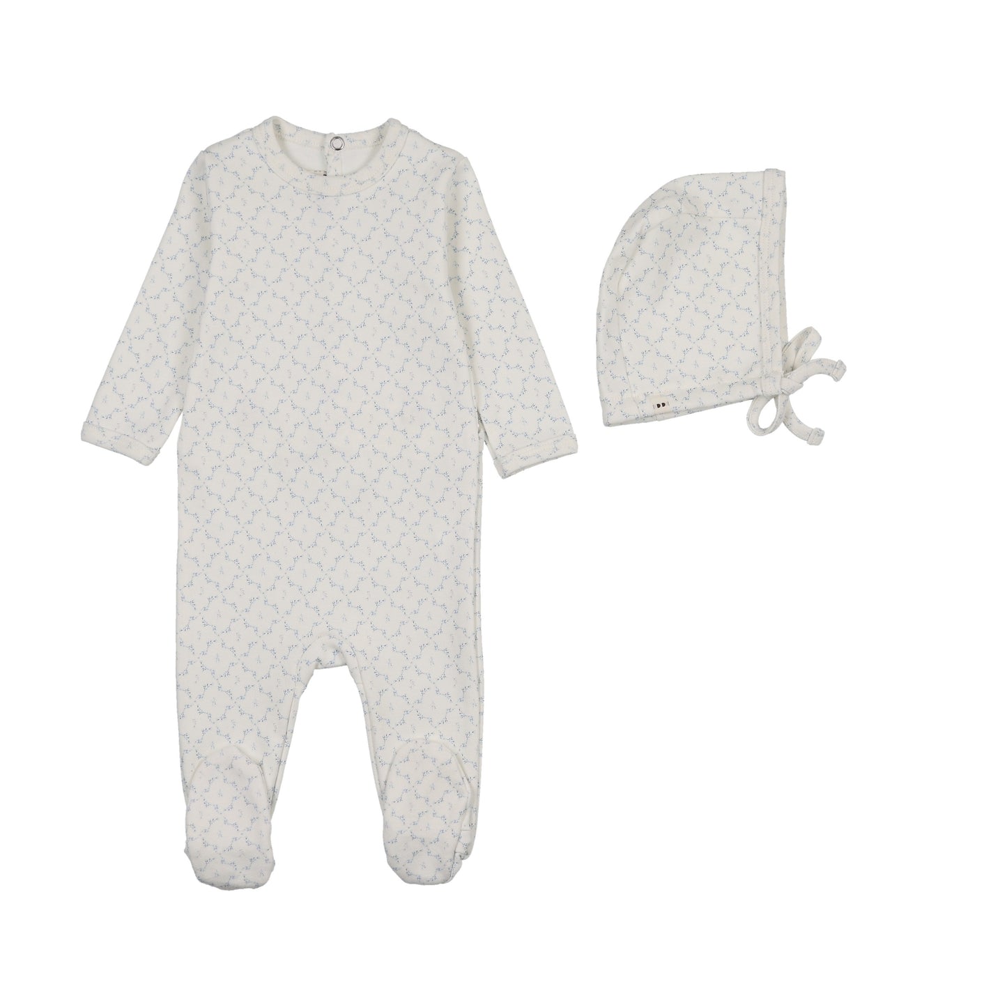 Mon Tresor Blooming Terry Footie & Hat Set - Ivory/Blue