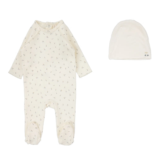 Lilette Cherry Print Footie+ Hat-Cream/Blue