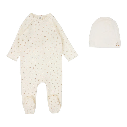 Lilette Cherry Print Footie+ Hat-Cream/Pink