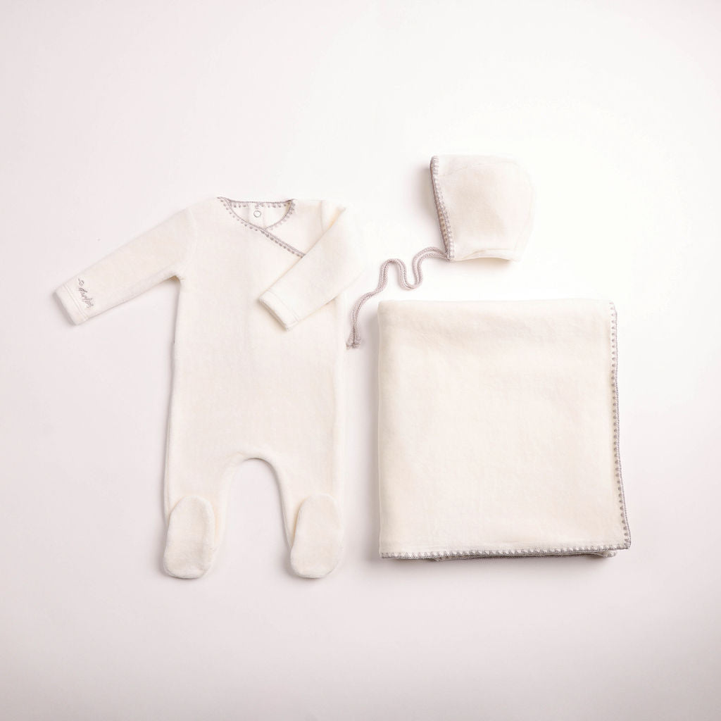 Bee & Dee Classic Stitch Velour Layette Set- Chalk White