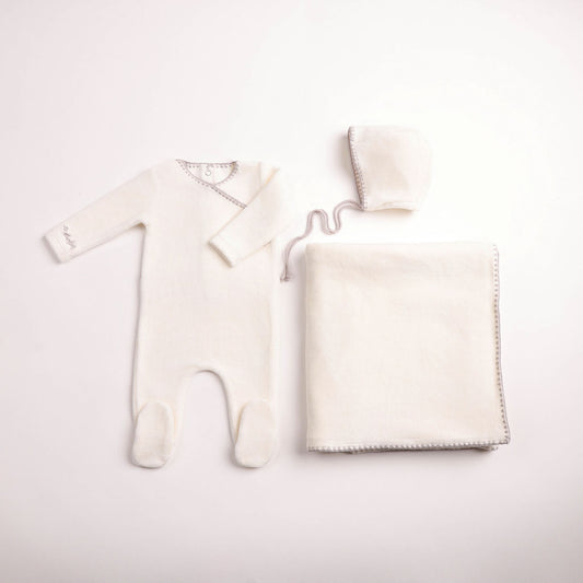 Bee & Dee Classic Stitch Velour Layette Set- Chalk White
