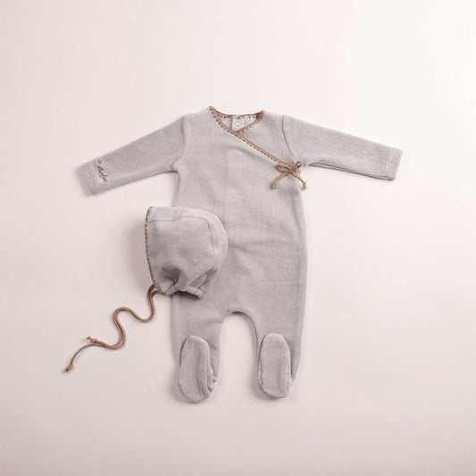 Bee & Dee Classic Stitch Velour Footie Set- Dusty Blue