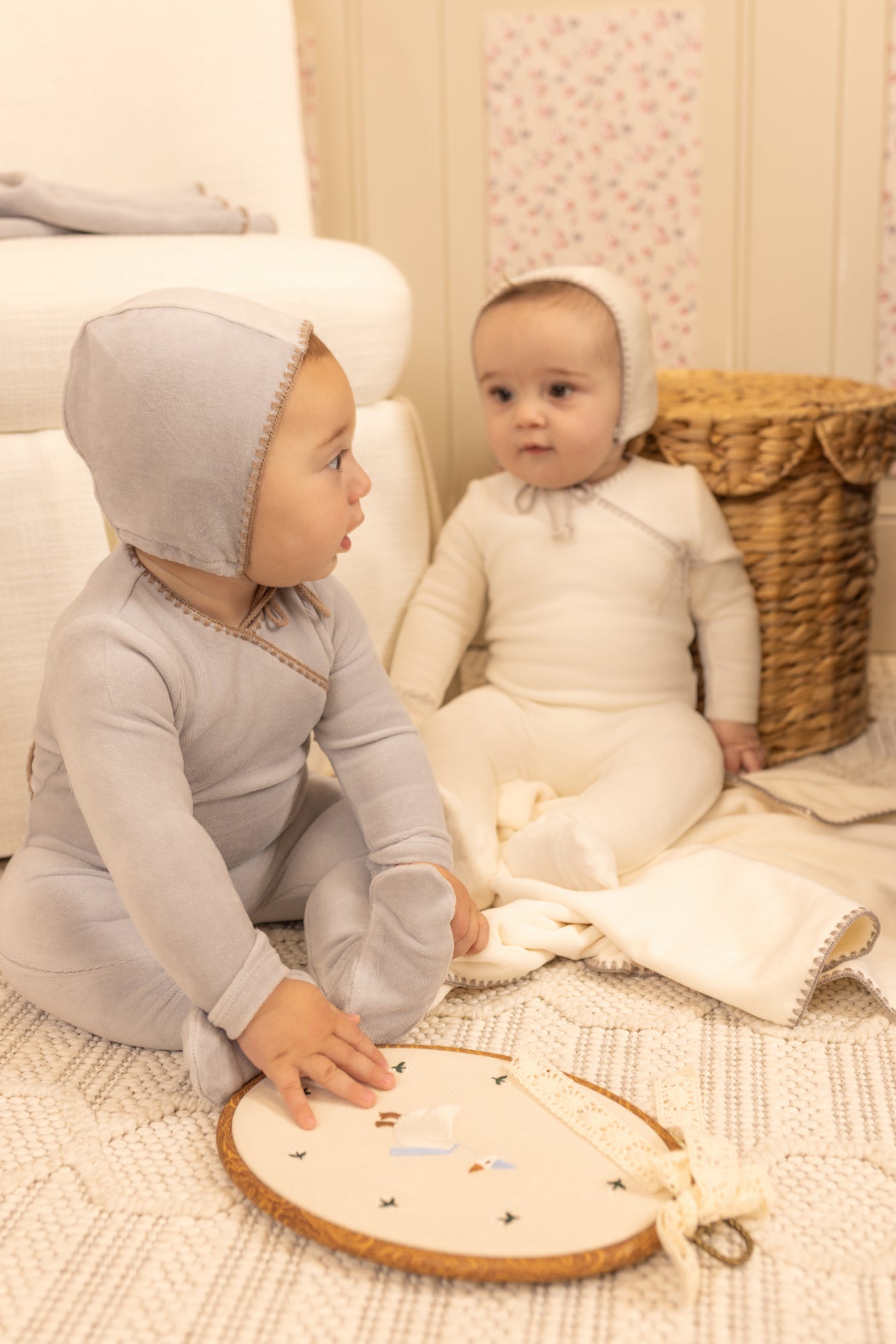 Bee & Dee Classic Stitch Velour Footie Set- Chalk White
