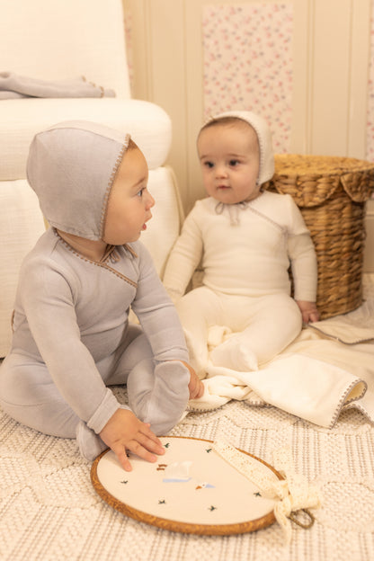 Bee & Dee Classic Stitch Velour Footie Set- Chalk White