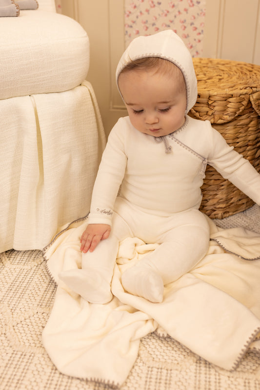 Bee & Dee Classic Stitch Velour Footie Set- Chalk White