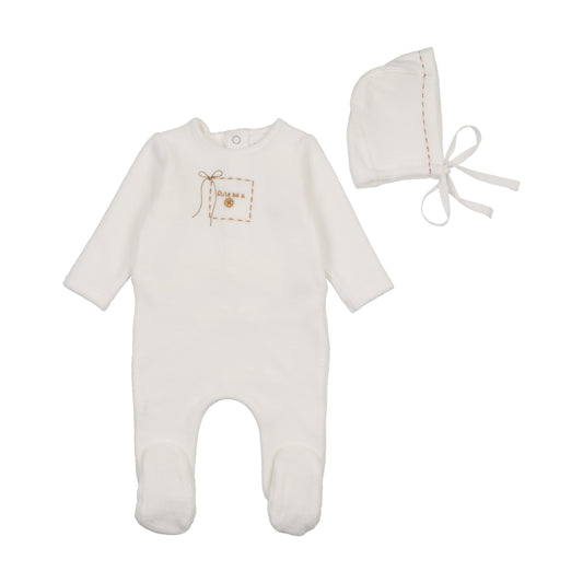 Bee & Dee Cute As A Button Footie+Bonnet- White