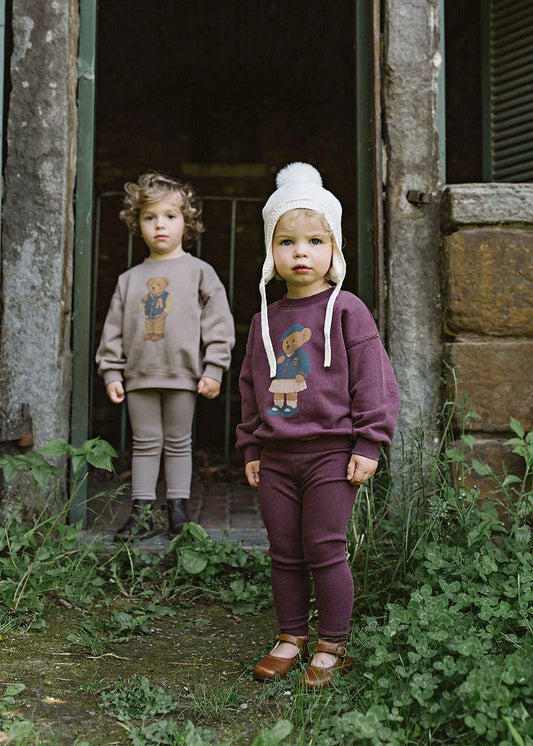 Lil Legs Bear Sweatshirt Set Girl - Washed Burgundy