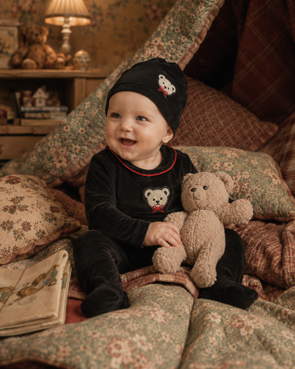 Little Label Velour Teddy Footie Set with Black/ Red Piping
