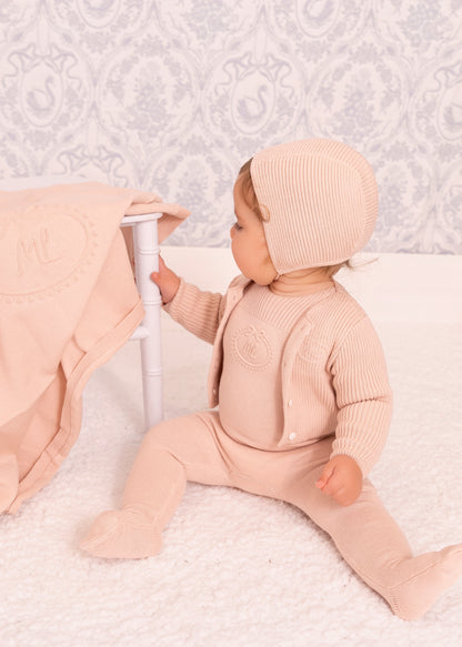 Mini Label Pink Embossed Emblem knit Footie, Bonnet, Cardigan and Blanket