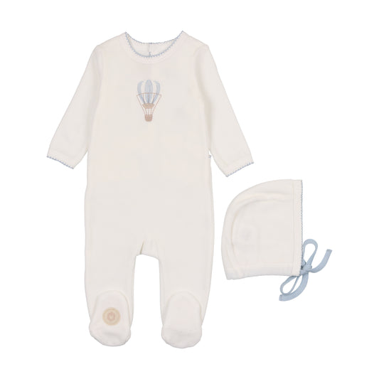 Mon Tresor Velour Embroidered Balloon Footie & Hat Set - Ivory