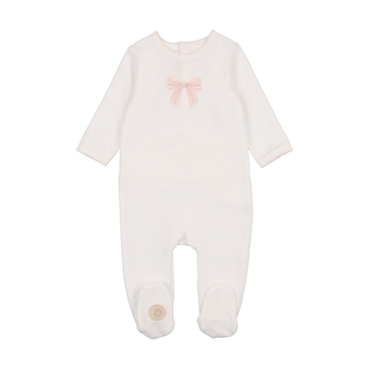 Mon Tresor Velour Embroidered Bow Footie - Ivory