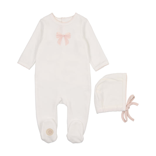 Mon Tresor Velour Embroidered Bow Footie & Hat Set - Ivory