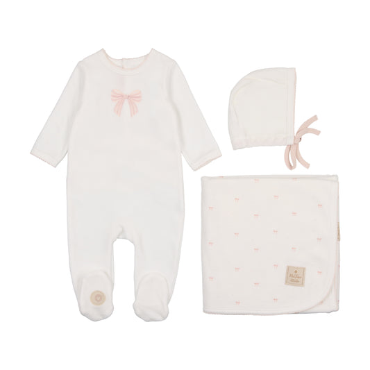 Mon Tresor Velour Embroidered Bow Layette Set - Ivory
